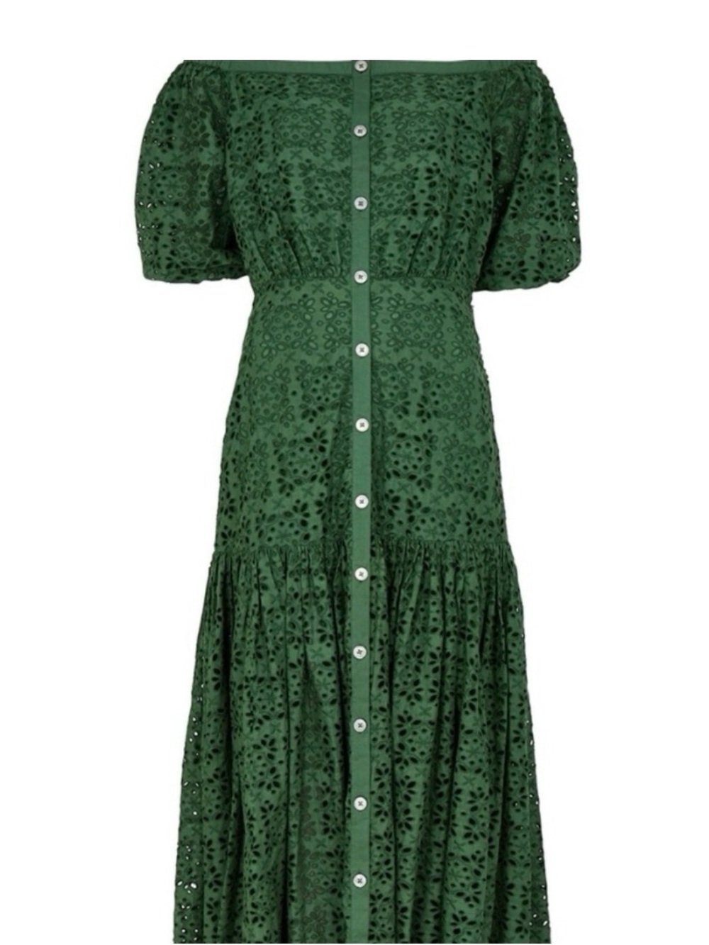 Veronica Beard Emerald Green Off-Shoulder Eyelet Button-Front Maxi Dress